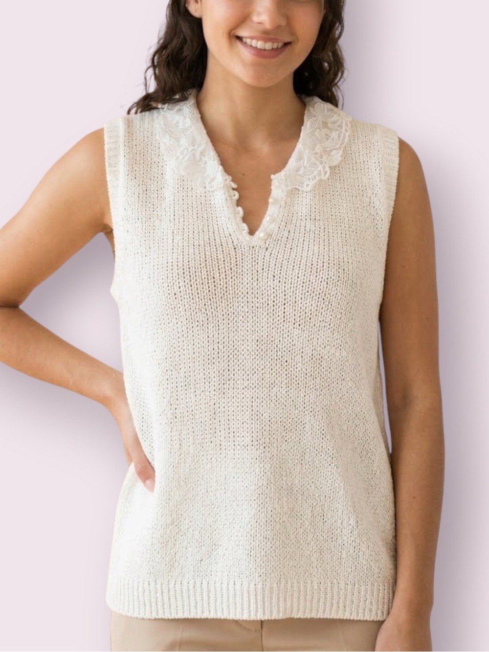 Vintage 90s Classic Directions Knit Sleeveless Sweater Vest Lace Collar Large